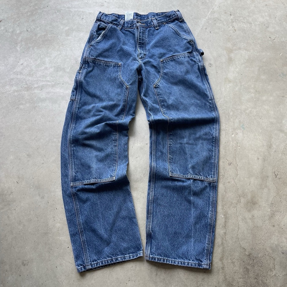 Carhartt blue denim jeans double knee work wear carpenter pants 33x34